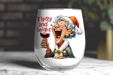 Christmas wine tumbler design Elderly lady drinking wine PNG Sublimation Angelina Semenova 