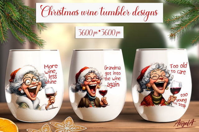 Christmas wine tumbler design Elderly lady drinking wine PNG Sublimation Angelina Semenova 
