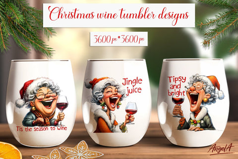 Christmas wine tumbler design Elderly lady drinking wine PNG Sublimation Angelina Semenova 