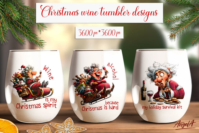 Christmas wine tumbler design Elderly lady in Santa sleigh Sublimation Angelina Semenova 