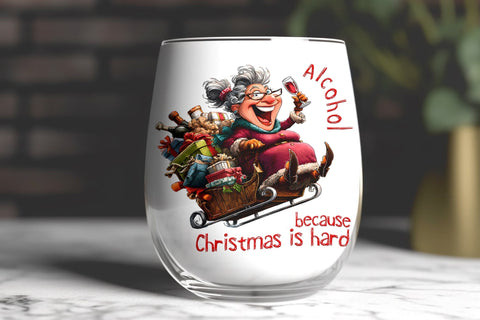 Christmas wine tumbler design Elderly lady in Santa sleigh Sublimation Angelina Semenova 