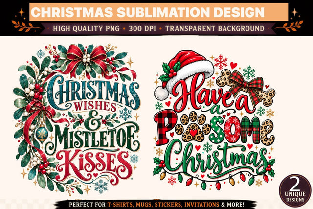 Christmas Wishes Mistletoe Kisses and Have a Pawsome Christmas SVG PNG Bundle, Christmas Sublimation Designs Sublimation BlackCatsMedia 