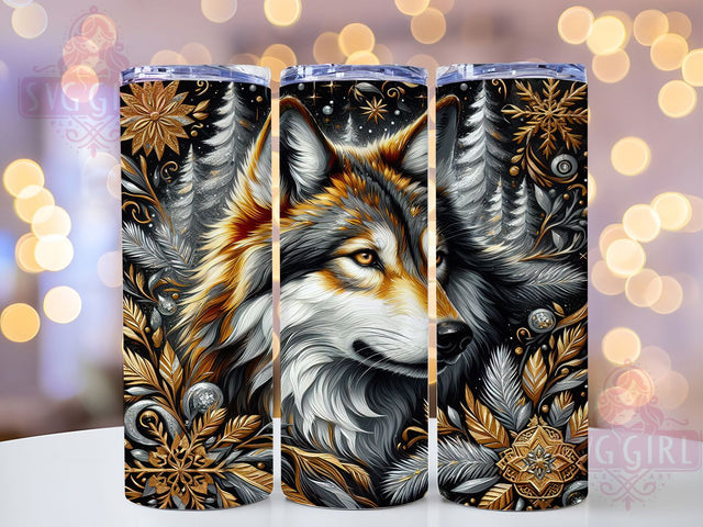 Christmas Wolf Tumbler Wrap, Christmas Gold Design, 20oz Sublimation Template, Skinny Tumbler Wrap, Digital Download, Holiday Gift Idea, Sublimation Design Sublimation SvggirlplusArt 