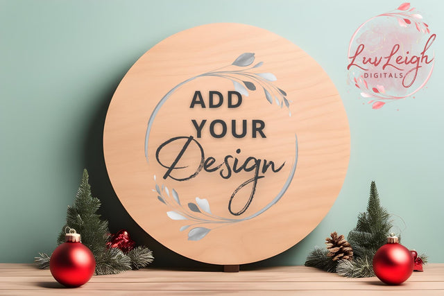 Christmas wood round sign Mockup, Flat Wooden door hanger Mock Up Photo Luvleigh Digitals 