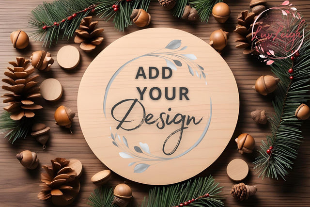 Christmas wood round sign Mockup, Flat Wooden door hanger Mock Up Photo Luvleigh Digitals 