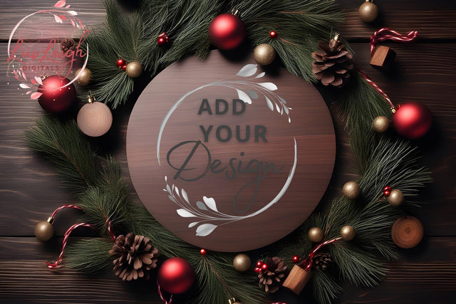 Christmas wood round sign Mockup, Flat Wooden door hanger Mock Up Photo Luvleigh Digitals 