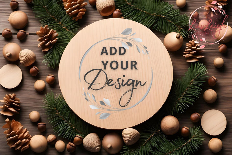 Christmas wood round sign Mockup, Flat Wooden door hanger Mock Up Photo Luvleigh Digitals 
