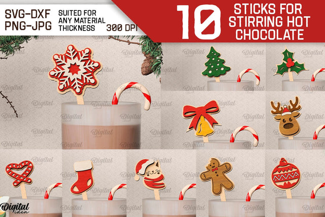 Christmas Wooden Hot Chocolate Stirrers Laser Cut Bundle SVG Evgenyia Guschina 