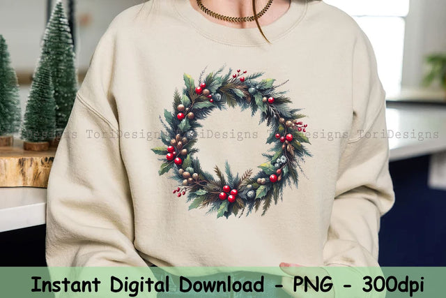 Christmas Wreath Clipart, Watercolor Christmas Garland, Holiday Wreath Png, Merry Christmas PNG Sublimation ToriDesigns 