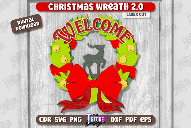 Christmas Wreath Laser Cut | Porch Decorating | Door Wreath | Wall Décor | Holiday Decoration | CNC File SVG The T Store Design 