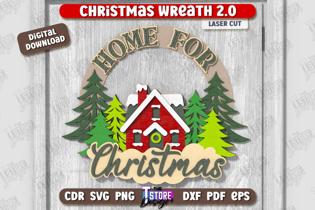 Christmas Wreath Laser Cut | Porch Decorating | Door Wreath | Wall Décor | Holiday Decoration | CNC File SVG The T Store Design 