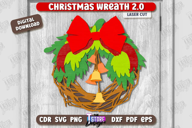 Christmas Wreath Laser Cut | Porch Decorating | Door Wreath | Wall Décor | Holiday Decoration | CNC File SVG The T Store Design 