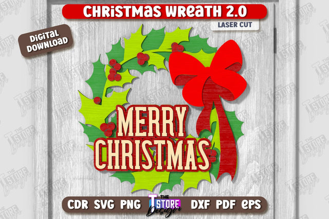Christmas Wreath Laser Cut | Porch Decorating | Door Wreath | Wall Décor | Holiday Decoration | CNC File SVG The T Store Design 