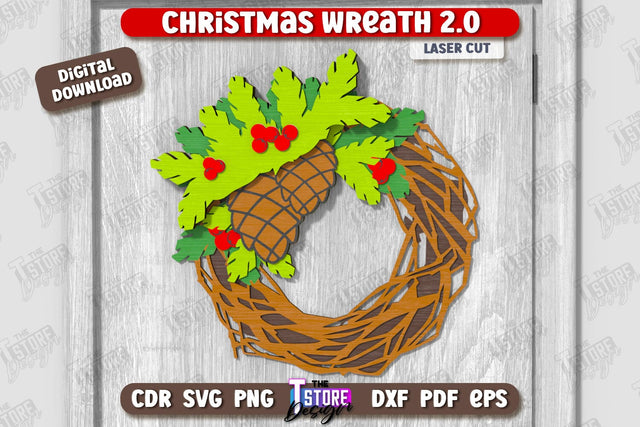 Christmas Wreath Laser Cut | Porch Decorating | Door Wreath | Wall Décor | Holiday Decoration | CNC File SVG The T Store Design 
