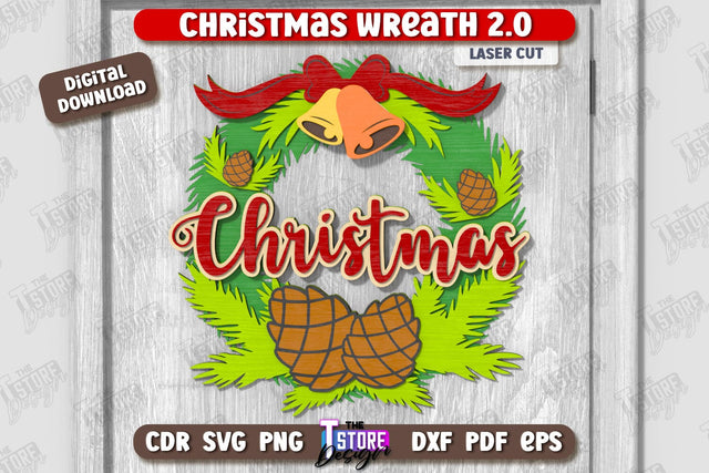 Christmas Wreath Laser Cut | Porch Decorating | Door Wreath | Wall Décor | Holiday Decoration | CNC File SVG The T Store Design 