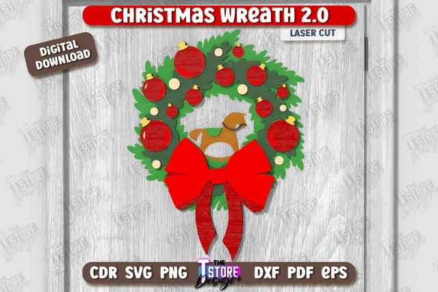 Christmas Wreath Laser Cut | Porch Decorating | Door Wreath | Wall Décor | Holiday Decoration | CNC File SVG The T Store Design 