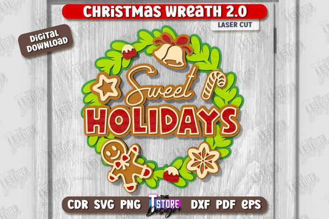 Christmas Wreath Laser Cut | Porch Decorating | Door Wreath | Wall Décor | Holiday Decoration | CNC File SVG The T Store Design 