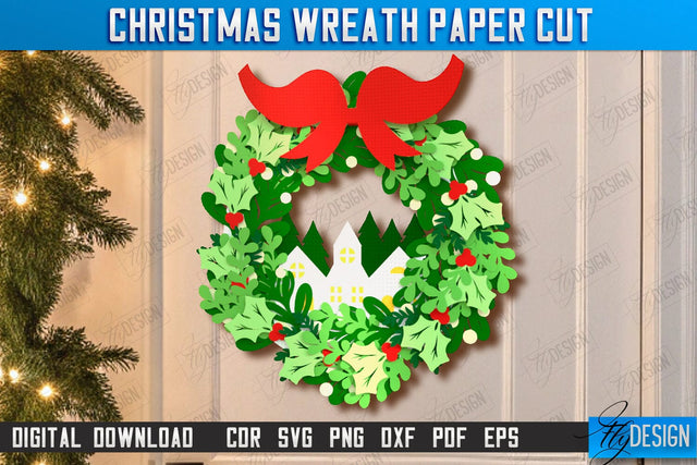 Christmas Wreath Paper Cut | Porch Decorating | Door Wreath | Wall Décor | Holiday Decoration | SVG File SVG Fly Design 