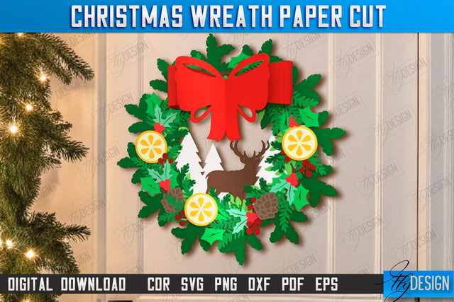 Christmas Wreath Paper Cut | Porch Decorating | Door Wreath | Wall Décor | Holiday Decoration | SVG File SVG Fly Design 