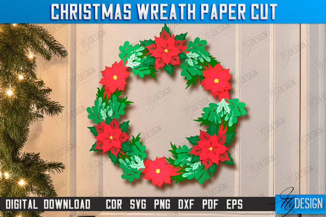 Christmas Wreath Paper Cut | Porch Decorating | Door Wreath | Wall Décor | Holiday Decoration | SVG File SVG Fly Design 