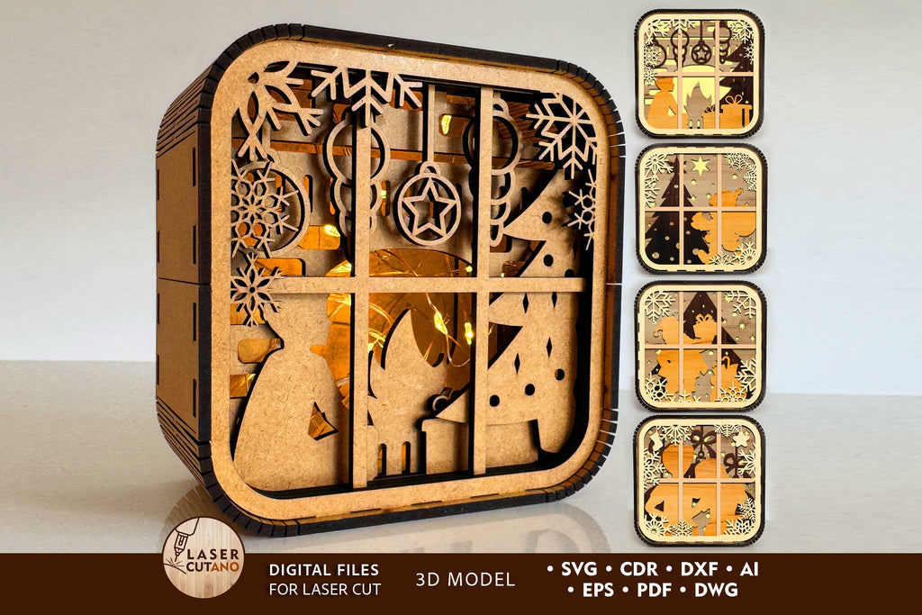 Chritsmas Light Box Templates Set, Laser Cut Files - So Fontsy