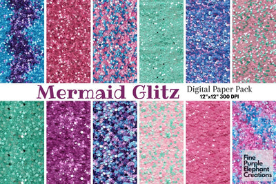 Chunky Mermaid Glitter Digital Paper | Bright Unicorn Digital Pattern Fine Purple Elephant Creations 