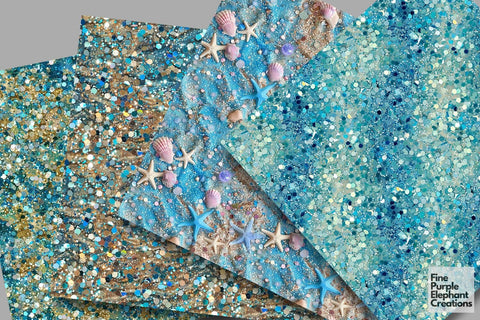 Chunky Ocean Glitter Digital Paper - Beach Aqua Blue Digital Pattern Fine Purple Elephant Creations 