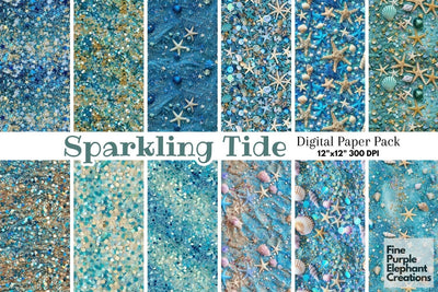 Chunky Ocean Glitter Digital Paper - Beach Aqua Blue Digital Pattern Fine Purple Elephant Creations 