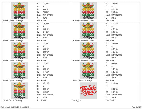 Cinco de Mayo Embroidery Design – Cinco Cinco Cinco Mexican Sombrero Fiesta Machine Embroidery File Embroidery/Applique DESIGNS PatternFeed8 