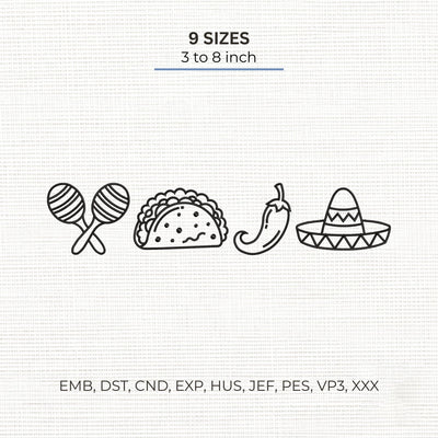 Cinco de Mayo Embroidery Design – Taco Maracas Chili Pepper Sombrero Mexican Fiesta Machine Embroidery File Embroidery/Applique DESIGNS PatternFeed8 