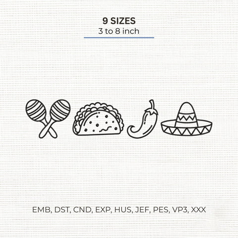 Cinco de Mayo Embroidery Design – Taco Maracas Chili Pepper Sombrero Mexican Fiesta Machine Embroidery File Embroidery/Applique DESIGNS PatternFeed8 