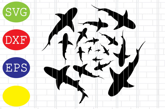 Circle of Sharks Svg, Group of Shark Svg, Shark Silhouette Svg, Jpg, Eps, Dxf Files SVG DigitalSvgFiles 