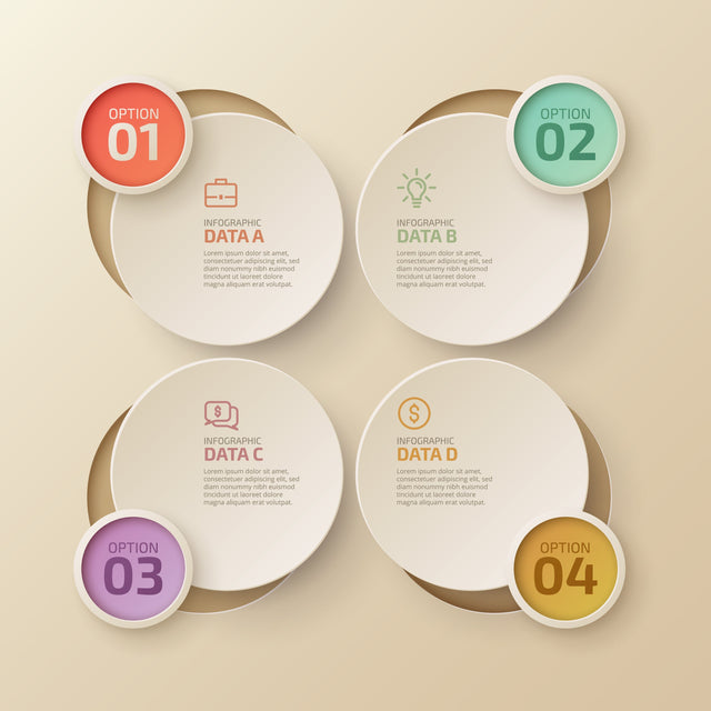 Circular diagram, 4 connected round gradient-colored elements with numbers, thin line icons, and text round boxes SVG naemmiah021 