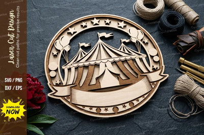 Circus Tent Layered Frame SVG Laser Cut Design | Carnival Scene Pattern SVG Regulrcrative 