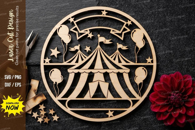 Circus Tent Name Sign SVG Laser Cut Design | Carnival Theme Round Frame Pattern SVG Regulrcrative 