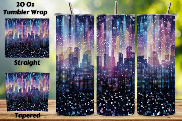 City Lights Glitter Ombre Tumbler wrap, Seamless Wrap PNG Sublimation FloridPrintables 