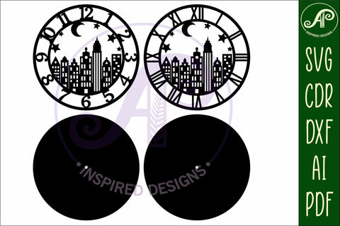 City scene wall clock laser cut template files, SVG file SVG APInspireddesigns 