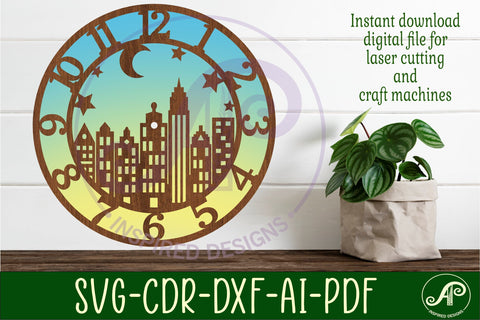 City scene wall clock laser cut template files, SVG file SVG APInspireddesigns 