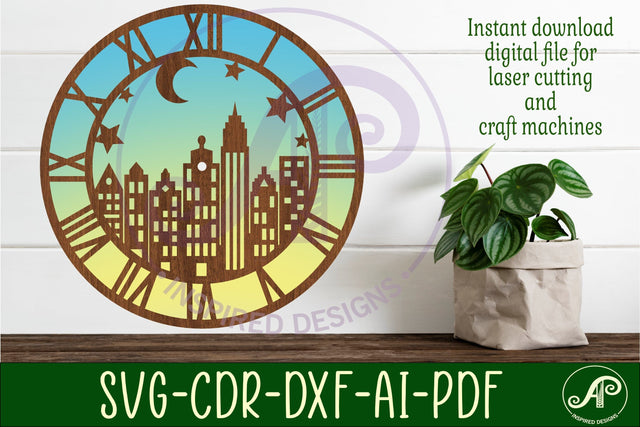 City scene wall clock laser cut template files, SVG file SVG APInspireddesigns 