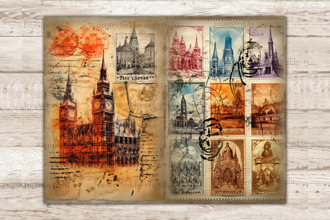 City Stamps Junk Journal Pages | Vintage Collage Sheet SVG GlamArtZhanna 