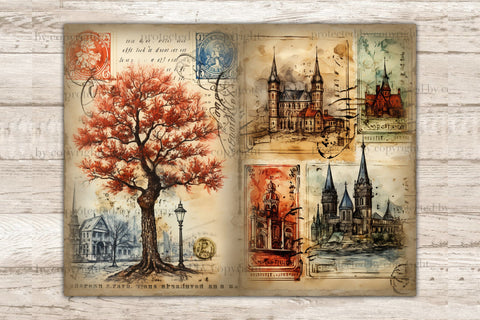 City Stamps Junk Journal Pages | Vintage Collage Sheet SVG GlamArtZhanna 