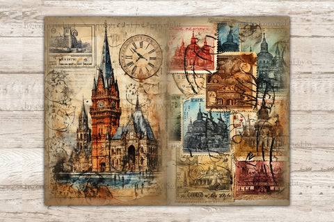 City Stamps Junk Journal Pages | Vintage Collage Sheet SVG GlamArtZhanna 
