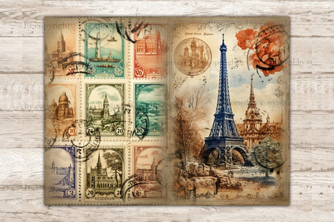 City Stamps Junk Journal Pages | Vintage Collage Sheet SVG GlamArtZhanna 