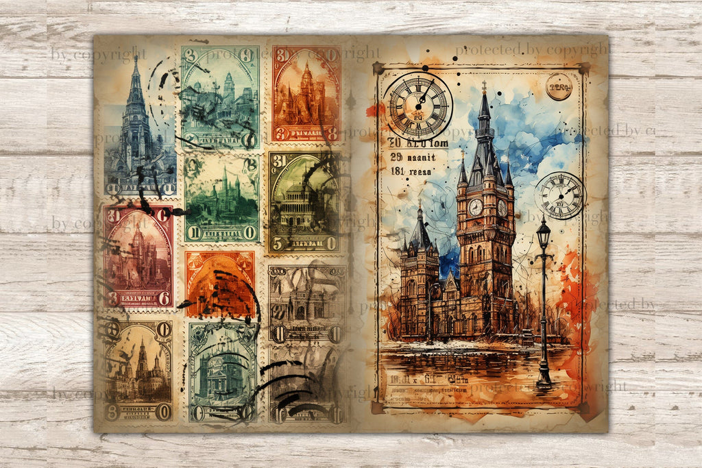 City Stamps Junk Journal Pages | Vintage Collage Sheet - So Fontsy