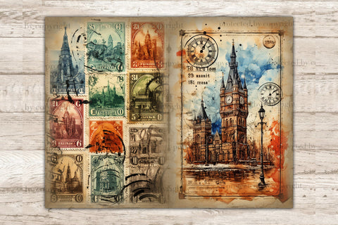 City Stamps Junk Journal Pages | Vintage Collage Sheet SVG GlamArtZhanna 