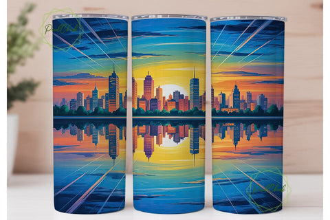 Cityscape Sunset Reflection 20oz Tumbler Sublimation PixelChick 