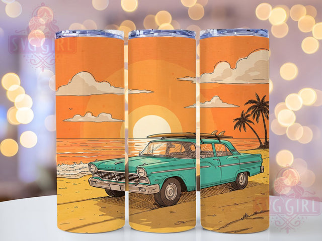 Classic Retro Vintage Car Beach Tumbler, Retro Car Tumbler, Beach Vibes Tumbler, Vintage Auto Tumbler, Summer Road Trip Tumbler, 20oz Sublimation Wrap, Coastal Car Tumbler Sublimation SvggirlplusArt 