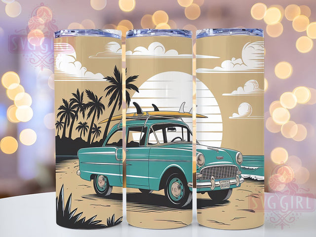 Classic Retro Vintage Car Beach Tumbler, Retro Car Tumbler, Beach Vibes Tumbler, Vintage Auto Tumbler, Summer Road Trip Tumbler, 20oz Sublimation Wrap, Coastal Car Tumbler Sublimation SvggirlplusArt 