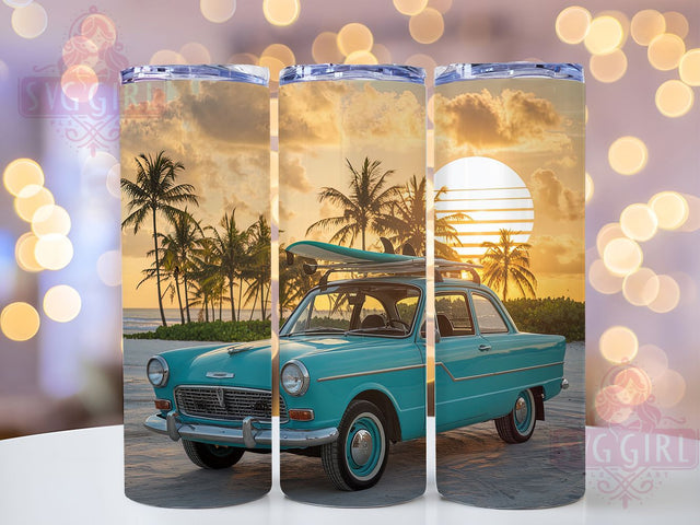 Classic Retro Vintage Car Beach Tumbler, Retro Car Tumbler, Beach Vibes Tumbler, Vintage Auto Tumbler, Summer Road Trip Tumbler, 20oz Sublimation Wrap, Coastal Car Tumbler Sublimation SvggirlplusArt 