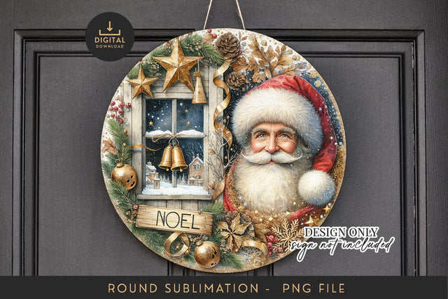 Classic Santa Sublimation PNG – Christmas Window Scene Round Door Hanger Sublimation BijouBay 